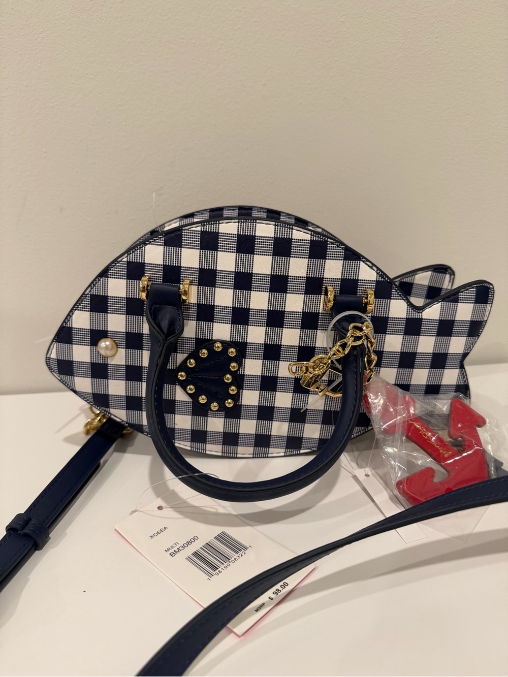 Navy Gingham Fish-Shaped Satchel with Gold Accents